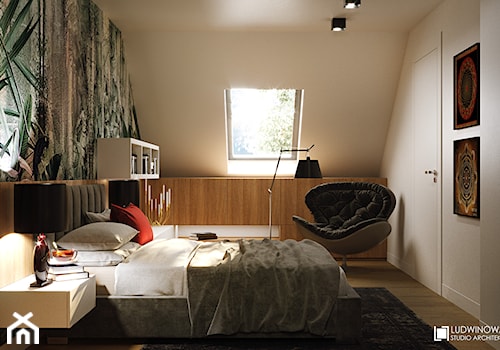 GEISHA - Średnia biała zielona sypialnia na poddaszu, styl nowoczesny - zdjęcie od Ludwinowska Studio Architektury