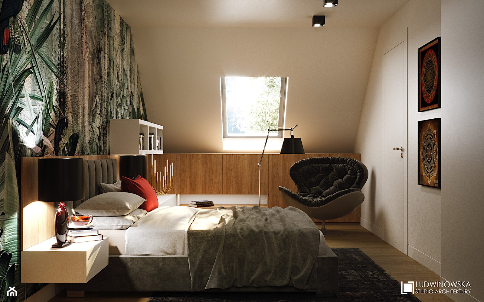 GEISHA - Średnia biała zielona sypialnia na poddaszu, styl nowoczesny - zdjęcie od Ludwinowska Studio Architektury - Homebook