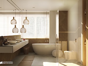 FOREST HOME - Średnia z lustrem z dwoma umywalkami z marmurową podłogą z punktowym oświetleniem łazienka z oknem, styl skandynawski - zdjęcie od Ludwinowska Studio Architektury