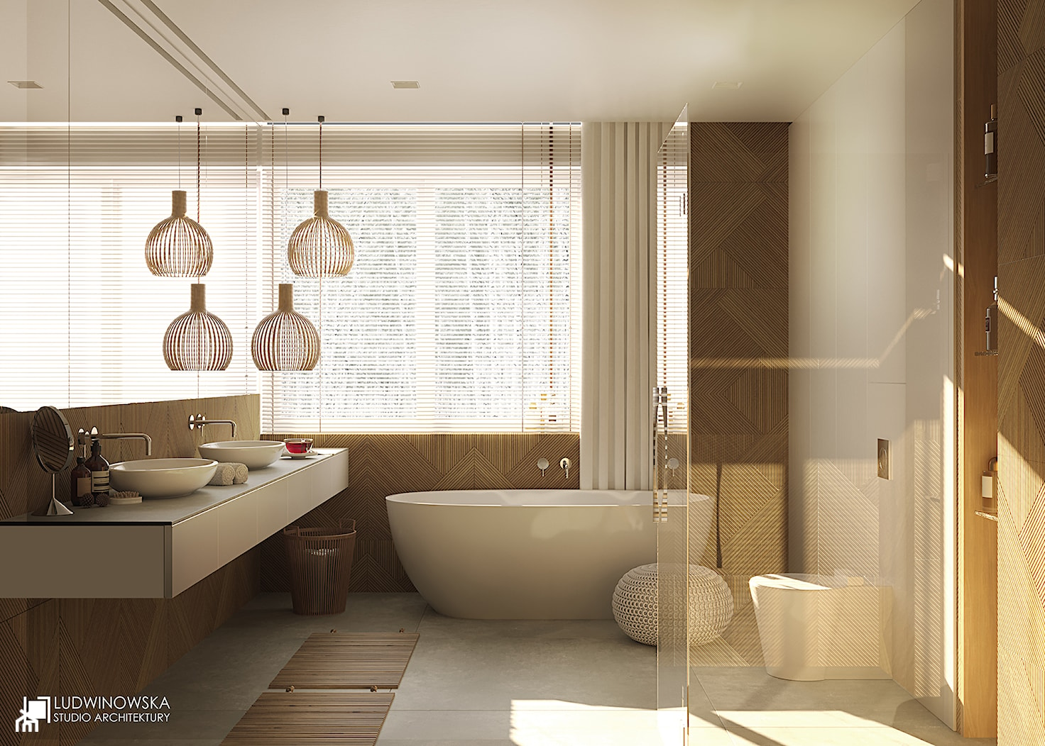 FOREST HOME - Średnia z lustrem z dwoma umywalkami z marmurową podłogą z punktowym oświetleniem łazi ... - zdjęcie od Ludwinowska Studio Architektury - Homebook