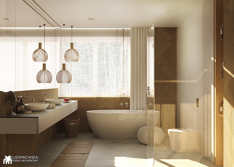 FOREST HOME - Średnia z lustrem z dwoma umywalkami z marmurową podłogą z punktowym oświetleniem łazienka z oknem, styl skandynawski - zdjęcie od Ludwinowska Studio Architektury