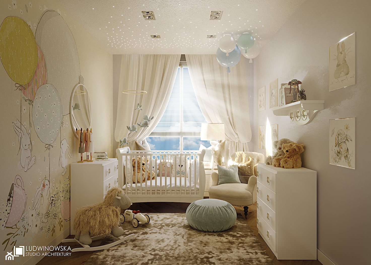 pokój dziecka, małego, przytulny, ciepły, białe meble, chłopiec, dziewczynka, balony, misie - zdjęcie od Ludwinowska Studio Architektury - Homebook