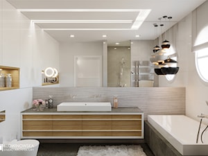RIFLESSO - Duża na poddaszu z dwoma umywalkami łazienka z oknem, styl minimalistyczny - zdjęcie od Ludwinowska Studio Architektury
