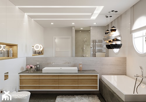 RIFLESSO - Duża na poddaszu z dwoma umywalkami łazienka z oknem, styl minimalistyczny - zdjęcie od Ludwinowska Studio Architektury