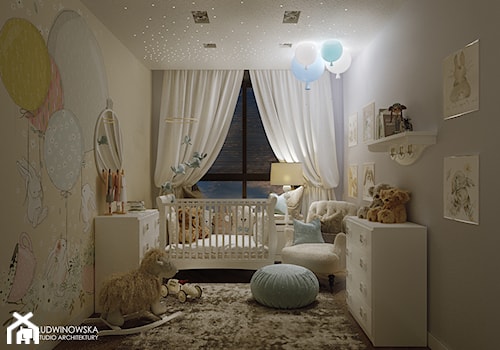 pokój dziecka, małego, przytulny, ciepły, białe meble, chłopiec, dziewczynka, balony, misie - zdjęcie od Ludwinowska Studio Architektury
