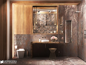 łazienka, laminam, spiek kwarcowy, teak, drewno w łazience, Duravit Starck, duży prysznic, szprosy drewniane, mozaika, kamień, oxide, odpływ liniowy, zabudowa w łazience, oryginalne oświetlenie - zdjęcie od Ludwinowska Studio Architektury
