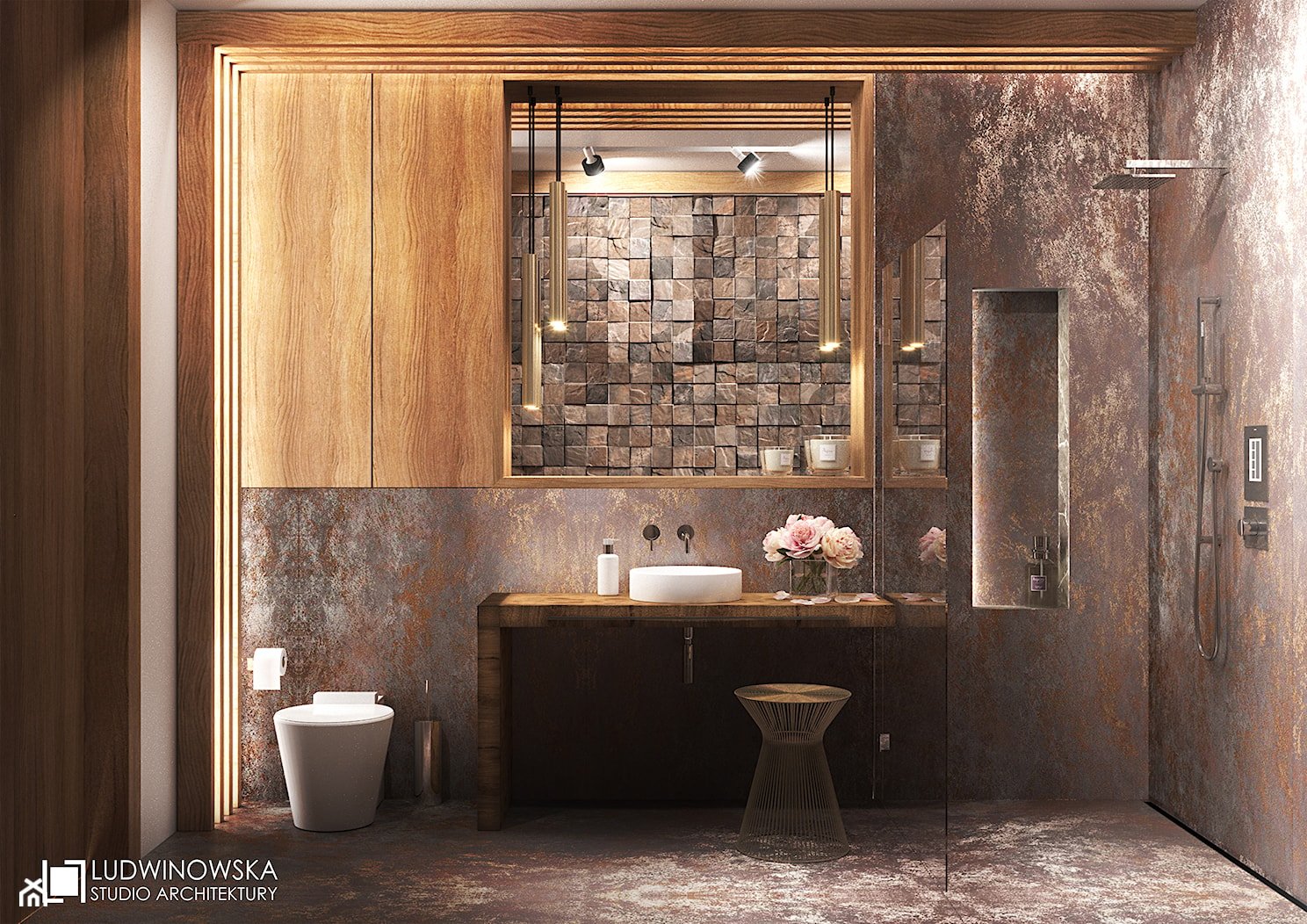 łazienka, laminam, spiek kwarcowy, teak, drewno w łazience, Duravit Starck, duży prysznic, szprosy drewniane, mozaika, kamień, oxide, odpływ liniowy, zabudowa w łazience, oryginalne oświetlenie - zdjęcie od Ludwinowska Studio Architektury - Homebook