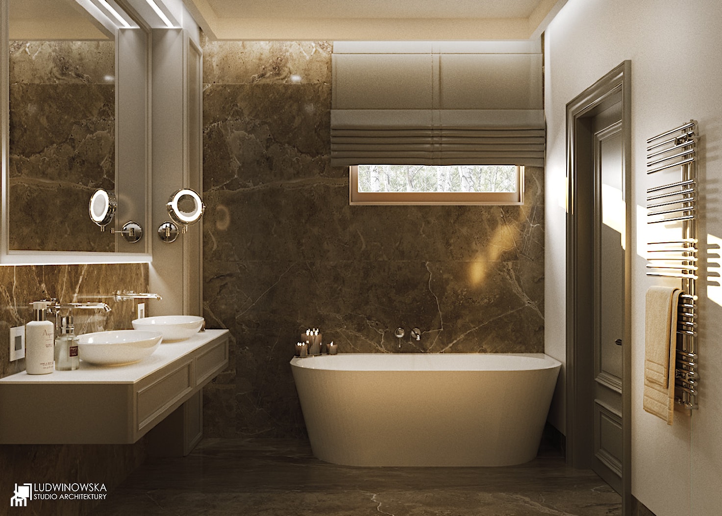 NOCTURNE - Mała na poddaszu z lustrem z dwoma umywalkami z marmurową podłogą łazienka z oknem, styl ... - zdjęcie od Ludwinowska Studio Architektury - Homebook