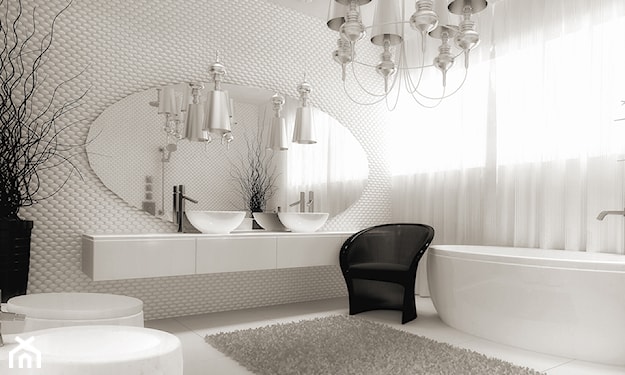 łazienka w stylu glamour, owalne lustro, biały blat łazienkowy, czarny fotel