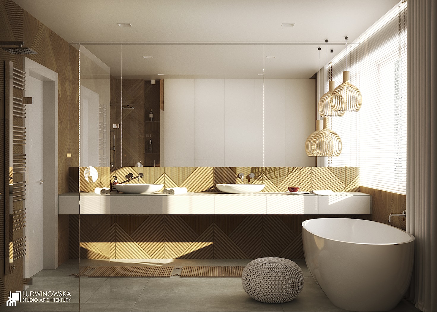 FOREST HOME - Średnia na poddaszu z lustrem z dwoma umywalkami z punktowym oświetleniem łazienka z o ... - zdjęcie od Ludwinowska Studio Architektury - Homebook