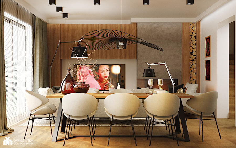 GEISHA - Duża biała jadalnia w salonie, styl nowoczesny - zdjęcie od Ludwinowska Studio Architektury
