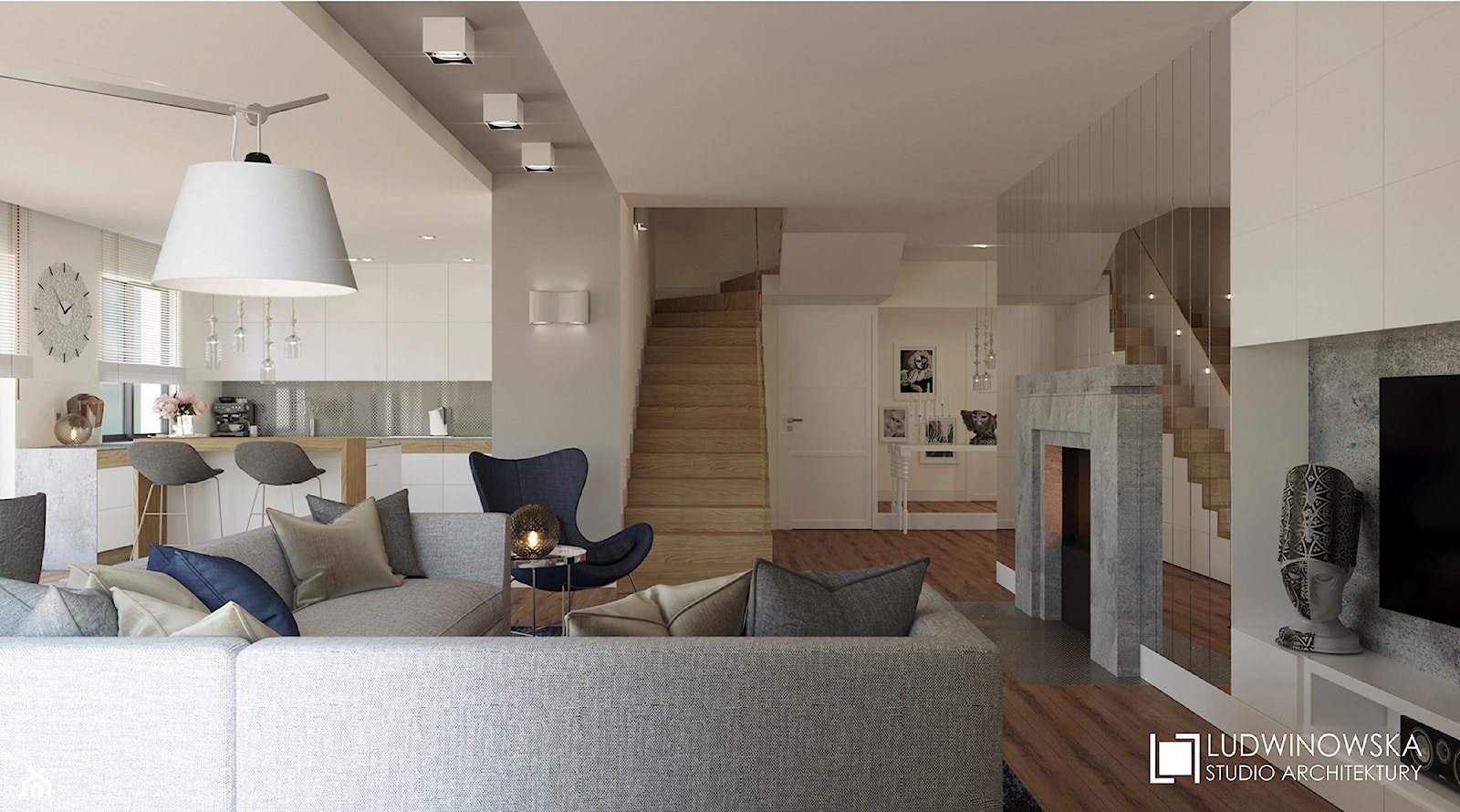 RIFLESSO - Średni biały salon z kuchnią z jadalnią, styl nowoczesny - zdjęcie od Ludwinowska Studio Architektury - Homebook