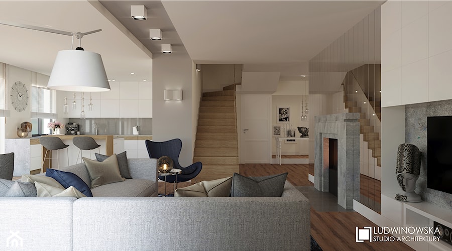 RIFLESSO - Średni biały salon z kuchnią z jadalnią, styl nowoczesny - zdjęcie od Ludwinowska Studio Architektury