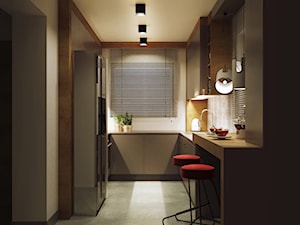 GEISHA - Średnia otwarta z salonem beżowa z zabudowaną lodówką z podblatowym zlewozmywakiem kuchnia w kształcie litery u z oknem, styl nowoczesny - zdjęcie od Ludwinowska Studio Architektury