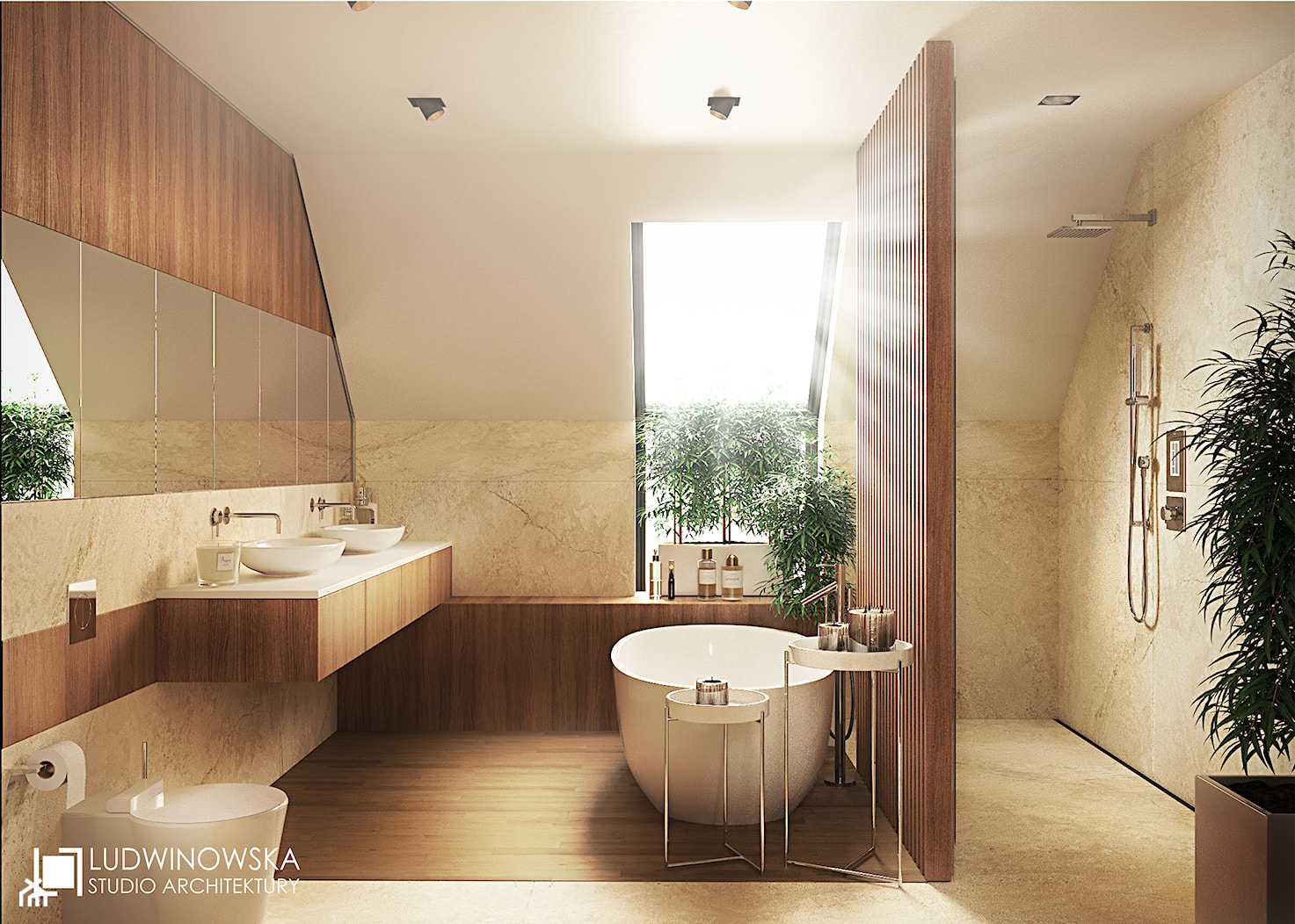łazienka, przytulna, drewno, szprosy, podświetlane, wanna wolnostojąca, zabudowa z drewna, teak, drewno w łazience, duży prysznic, walk-in, łazienka ze skosem - zdjęcie od Ludwinowska Studio Architektury - Homebook