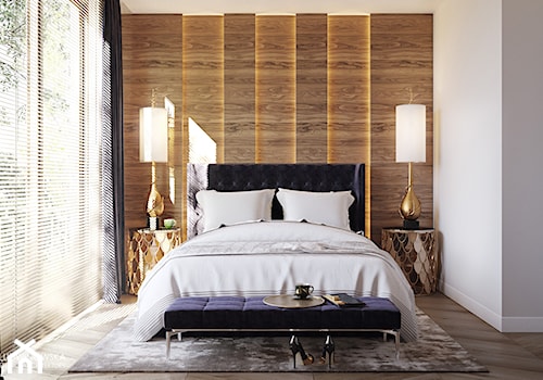sypialnia, przytulna, elegancka, fornir orzech amerykański, lustra, granat - zdjęcie od Ludwinowska Studio Architektury
