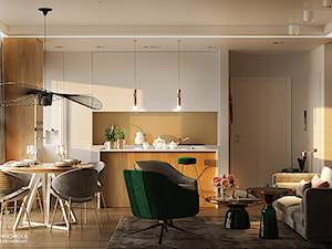 FLAMINGOS - Średni biały salon z kuchnią z jadalnią z tarasem / balkonem, styl nowoczesny - zdjęcie od Ludwinowska Studio Architektury