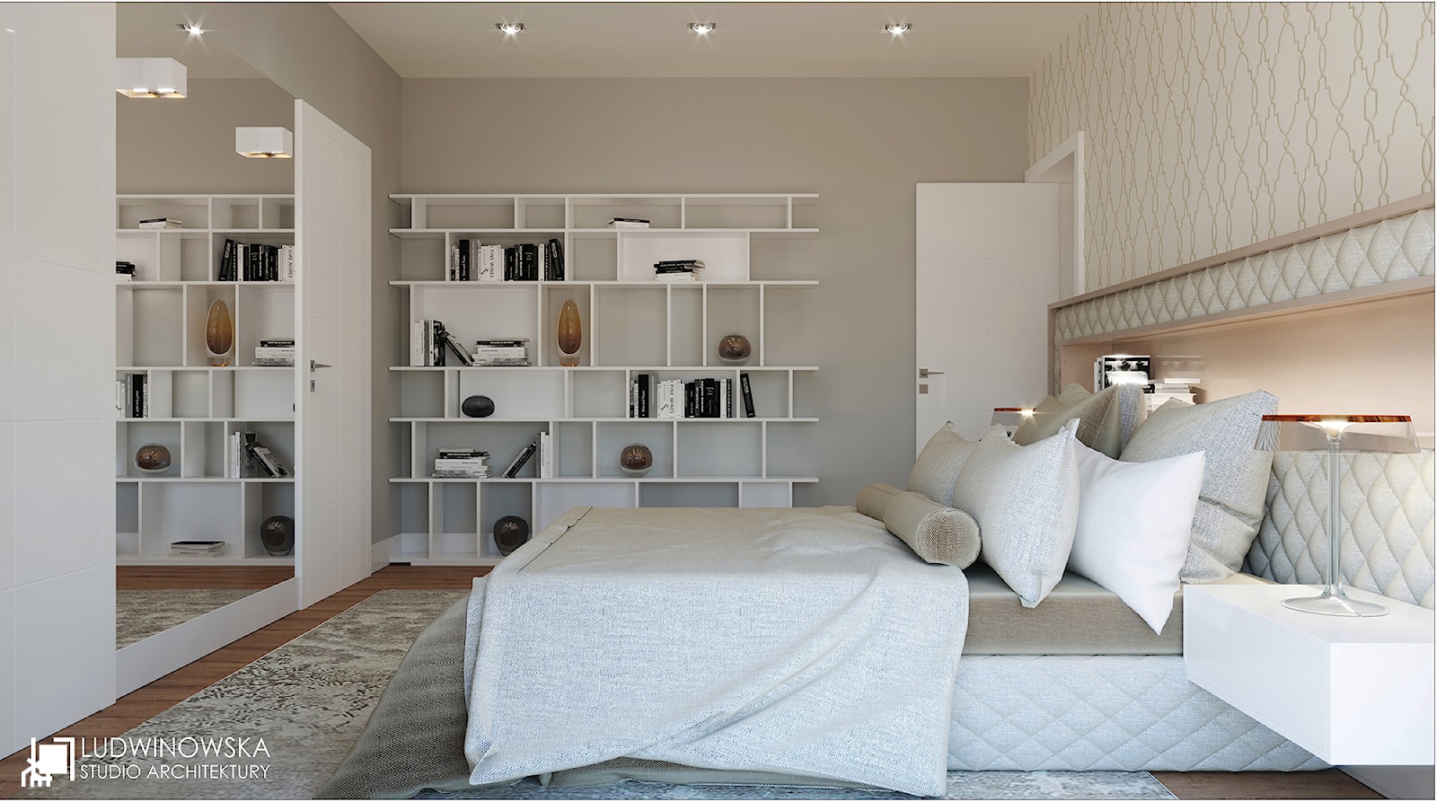CAFFE LATTE - Duża beżowa biała sypialnia, styl nowoczesny - zdjęcie od Ludwinowska Studio Architektury - Homebook