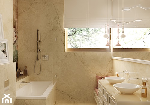 NOCTURNE - Mała na poddaszu z lustrem z dwoma umywalkami z marmurową podłogą z punktowym oświetleniem łazienka z oknem, styl nowoczesny - zdjęcie od Ludwinowska Studio Architektury