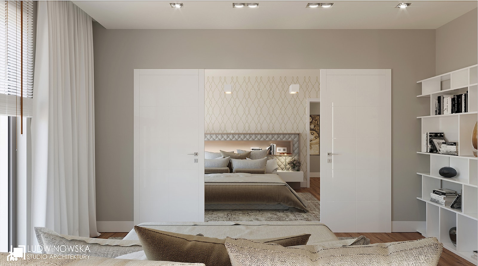 CAFFE LATTE - Duża biała szara sypialnia, styl nowoczesny - zdjęcie od Ludwinowska Studio Architektury - Homebook