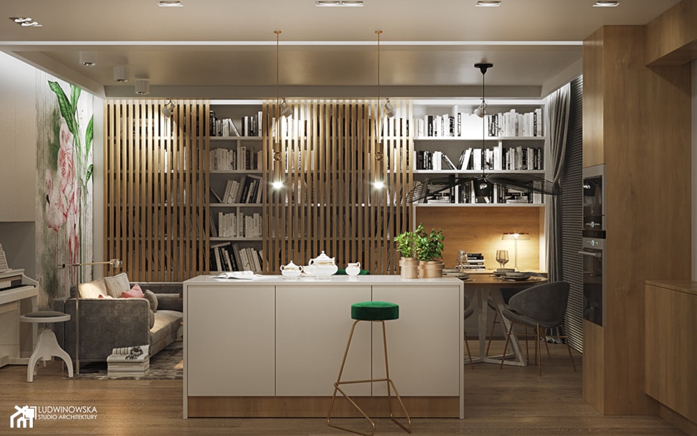 FLAMINGOS - Średni biały salon z kuchnią z jadalnią z bibiloteczką, styl nowoczesny - zdjęcie od Ludwinowska Studio Architektury - Homebook
