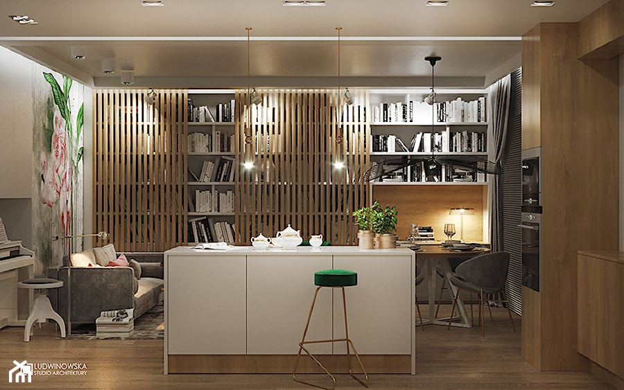 FLAMINGOS - Średni biały salon z kuchnią z jadalnią z bibiloteczką, styl nowoczesny - zdjęcie od Ludwinowska Studio Architektury