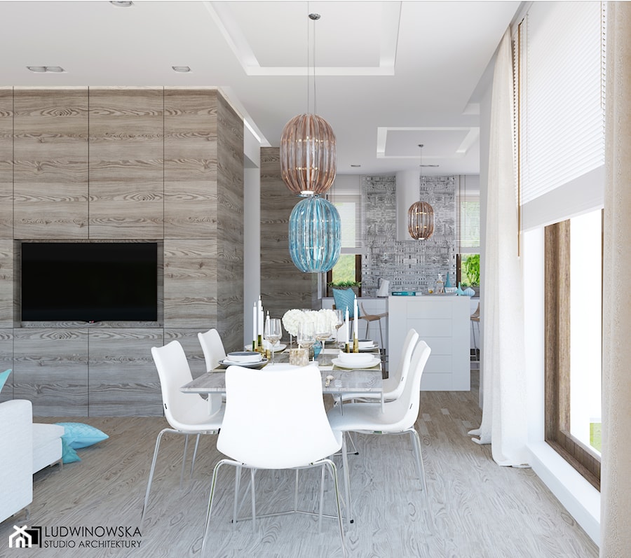 TURQUISE - Średnia biała jadalnia w salonie w kuchni, styl minimalistyczny - zdjęcie od Ludwinowska Studio Architektury
