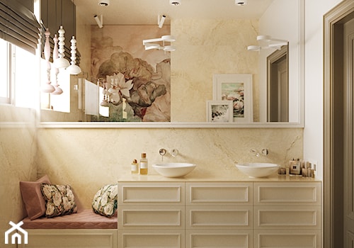 NOCTURNE - Mała na poddaszu z lustrem z dwoma umywalkami z marmurową podłogą łazienka z oknem, styl nowoczesny - zdjęcie od Ludwinowska Studio Architektury
