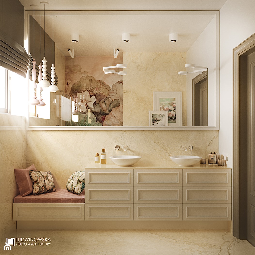 NOCTURNE - Mała na poddaszu z lustrem z dwoma umywalkami z marmurową podłogą łazienka z oknem, styl ... - zdjęcie od Ludwinowska Studio Architektury - Homebook