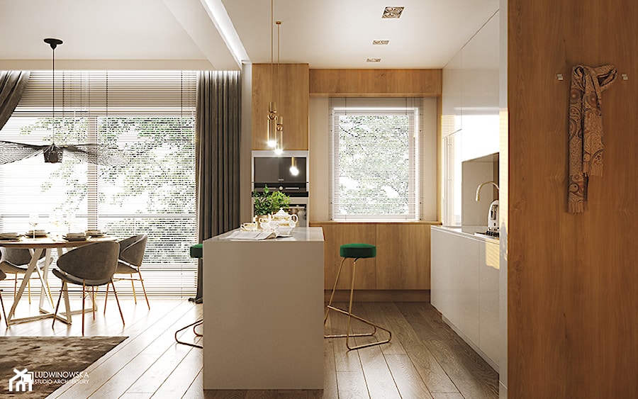 FLAMINGOS - Mała otwarta biała z zabudowaną lodówką kuchnia dwurzędowa z wyspą lub półwyspem z oknem, styl nowoczesny - zdjęcie od Ludwinowska Studio Architektury
