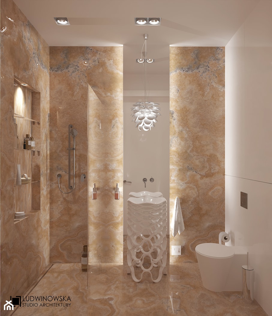 TURQUISE - Średnia bez okna z lustrem z marmurową podłogą z punktowym oświetleniem łazienka, styl minimalistyczny - zdjęcie od Ludwinowska Studio Architektury - Homebook