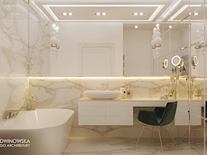 łazienka, jasna, nowoczesna, calacatta, marmur, elegancka, sufit podwieszany, wanna wolnostojąca - zdjęcie od Ludwinowska Studio Architektury