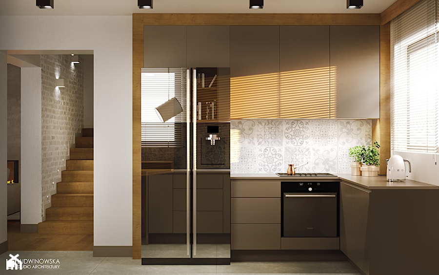 GEISHA - Średnia otwarta biała z zabudowaną lodówką kuchnia w kształcie litery l z oknem, styl skandynawski - zdjęcie od Ludwinowska Studio Architektury
