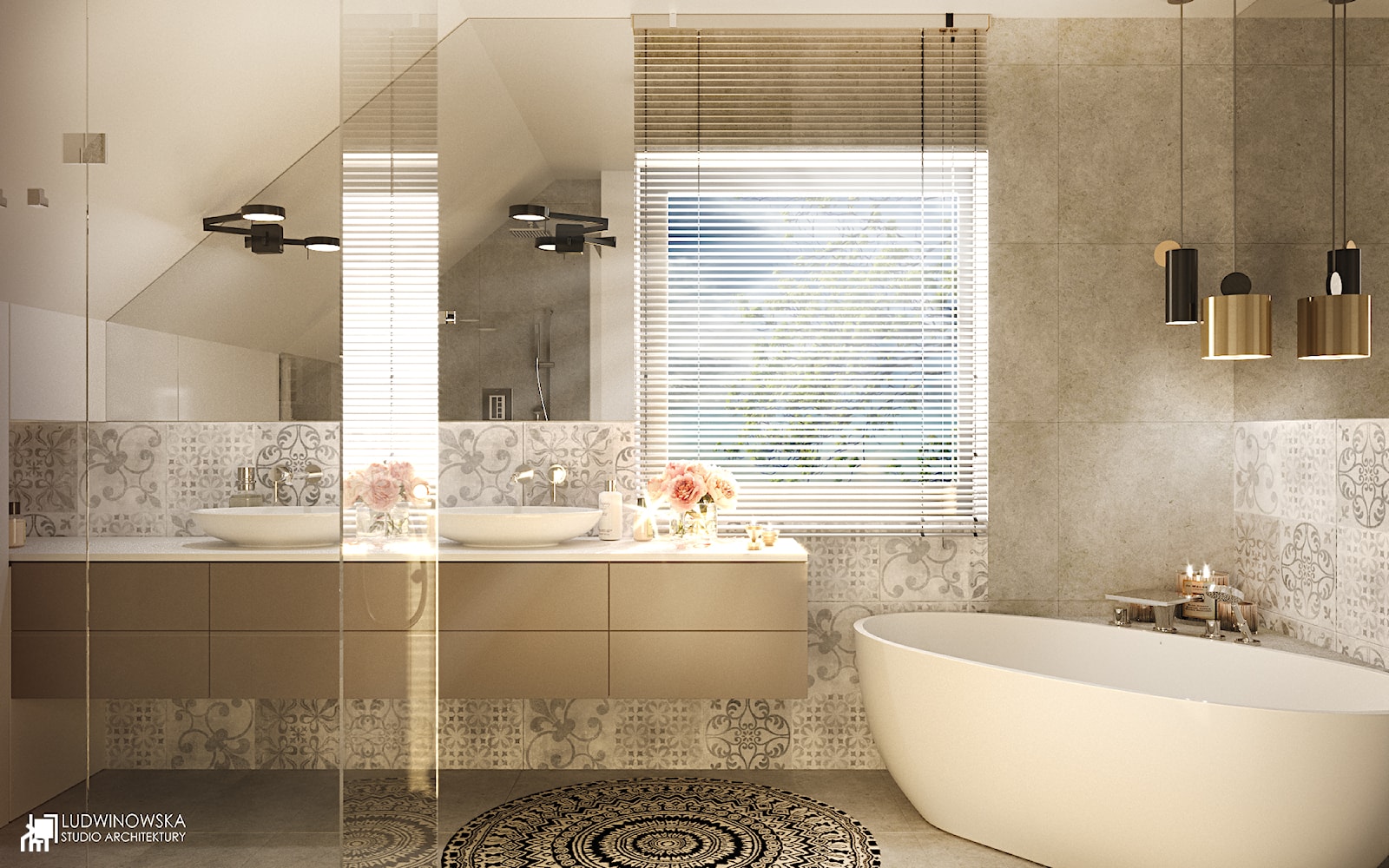 GEISHA - Średnia na poddaszu z lustrem z dwoma umywalkami łazienka z oknem, styl nowoczesny - zdjęcie od Ludwinowska Studio Architektury - Homebook