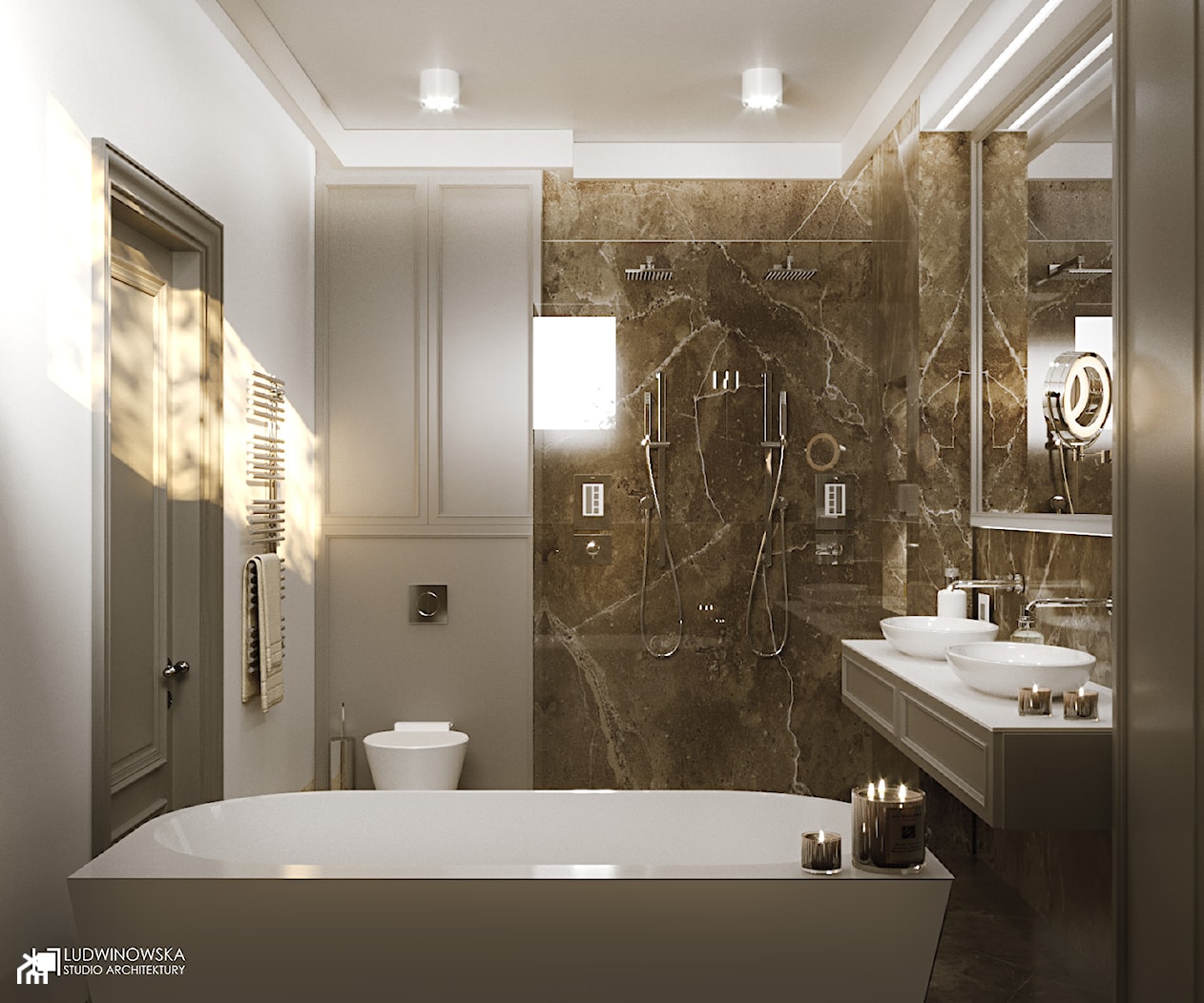 NOCTURNE - Mała bez okna z lustrem z dwoma umywalkami z punktowym oświetleniem łazienka, styl nowoczesny - zdjęcie od Ludwinowska Studio Architektury - Homebook