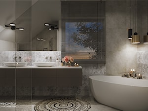 GEISHA - Średnia na poddaszu z lustrem z dwoma umywalkami łazienka z oknem, styl nowoczesny - zdjęcie od Ludwinowska Studio Architektury