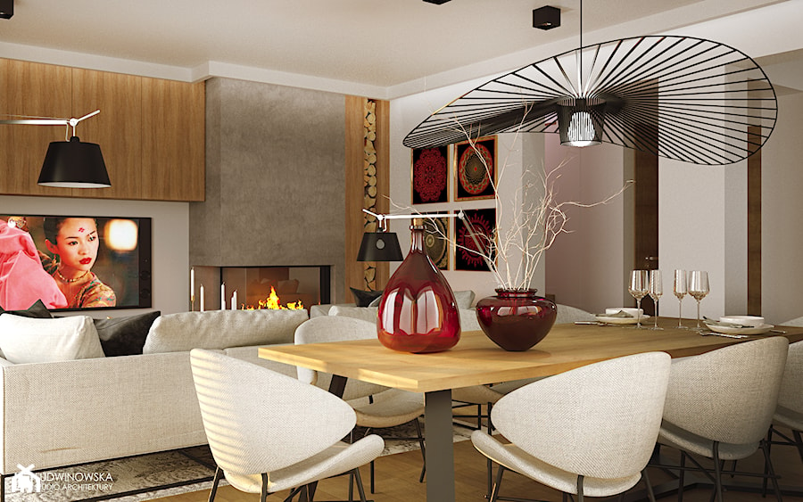 GEISHA - Średnia beżowa biała szara jadalnia w salonie, styl nowoczesny - zdjęcie od Ludwinowska Studio Architektury
