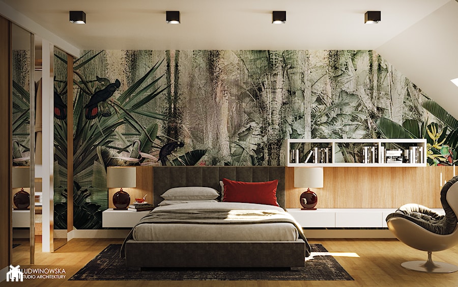 GEISHA - Duża biała zielona sypialnia na poddaszu z garderobą - zdjęcie od Ludwinowska Studio Architektury