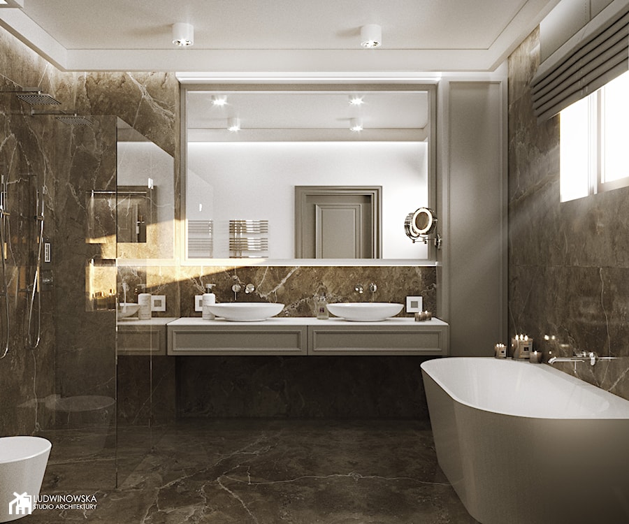 NOCTURNE - Średnia z lustrem z dwoma umywalkami z marmurową podłogą z punktowym oświetleniem łazienka z oknem, styl nowoczesny - zdjęcie od Ludwinowska Studio Architektury