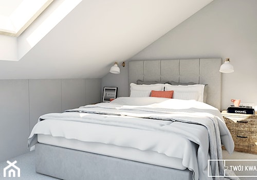 Mieszkanie w Warszawie 100m2 - Mała biała szara z panelami tapicerowanymi sypialnia na poddaszu, styl nowoczesny - zdjęcie od Twój Kwadrat