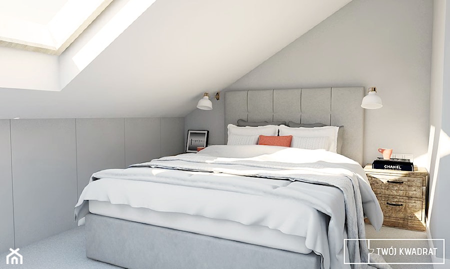 Mieszkanie w Warszawie 100m2 - Mała biała szara z panelami tapicerowanymi sypialnia na poddaszu, styl nowoczesny - zdjęcie od Twój Kwadrat