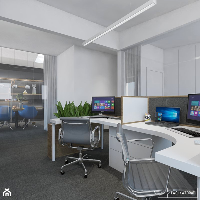 biuro agencji kreatywnej - Średnie z zabudowanym biurkiem białe biuro, styl nowoczesny - zdjęcie od Twój Kwadrat