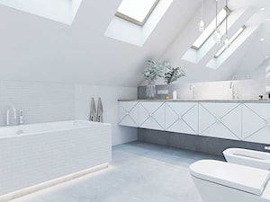 Duża na poddaszu z dwoma umywalkami z marmurową podłogą z punktowym oświetleniem łazienka, styl nowoczesny - zdjęcie od Twój Kwadrat