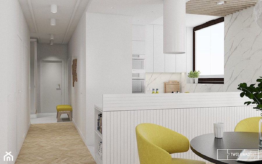 apartament na Wilanowie_strefa dzienna i sypialnie - Mała otwarta biała z zabudowaną lodówką kuchnia w kształcie litery u z oknem, styl nowoczesny - zdjęcie od Twój Kwadrat