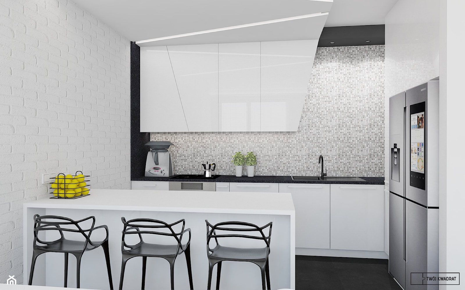 biały apartament - Średnia otwarta czarna szara z zabudowaną lodówką z lodówką wolnostojącą z nablatowym zlewozmywakiem kuchnia w kształcie litery l z wyspą lub półwyspem, styl nowoczesny - zdjęcie od Twój Kwadrat - Homebook