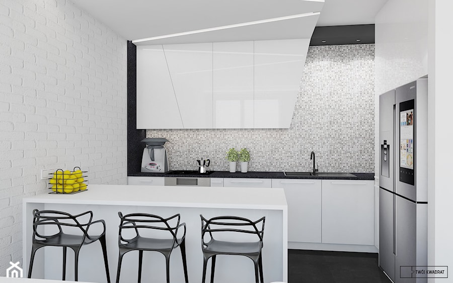 biały apartament - Średnia otwarta czarna szara z zabudowaną lodówką z lodówką wolnostojącą z nablatowym zlewozmywakiem kuchnia w kształcie litery l z wyspą lub półwyspem, styl nowoczesny - zdjęcie od Twój Kwadrat