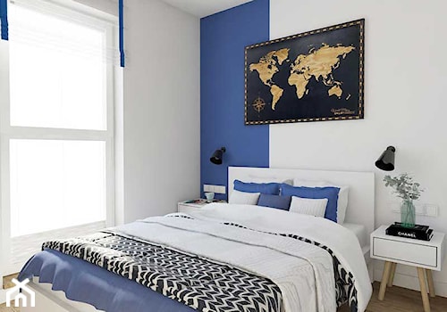 mieszkanie w Warszawie - Mała biała niebieska sypialnia, styl skandynawski - zdjęcie od Twój Kwadrat