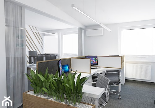 biuro agencji kreatywnej - Duże z zabudowanym biurkiem białe biuro, styl nowoczesny - zdjęcie od Twój Kwadrat
