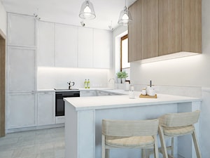 Kuchnia - Średnia otwarta z salonem biała z zabudowaną lodówką z podblatowym zlewozmywakiem kuchnia w kształcie litery u z wyspą lub półwyspem, styl nowoczesny - zdjęcie od Twój Kwadrat