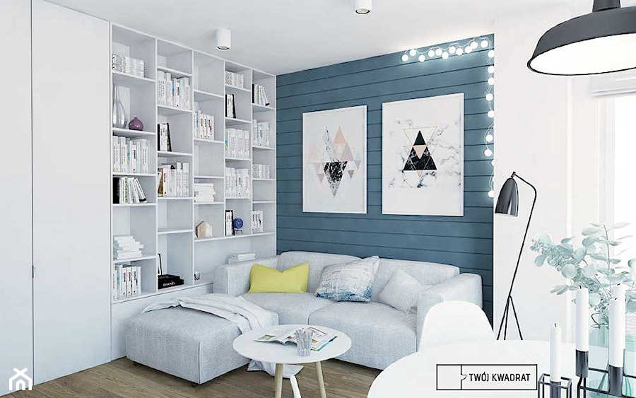 mieszkanie w Warszawie - Mały salon z jadalnią z bibiloteczką, styl skandynawski - zdjęcie od Twój Kwadrat